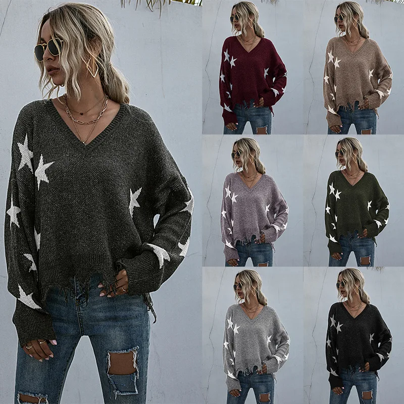 

Sweater Women's Star Pattern V-neck Tassel Sweater Women's Knitted Sweater Autumn and Winter 2023 Women's Clothing
