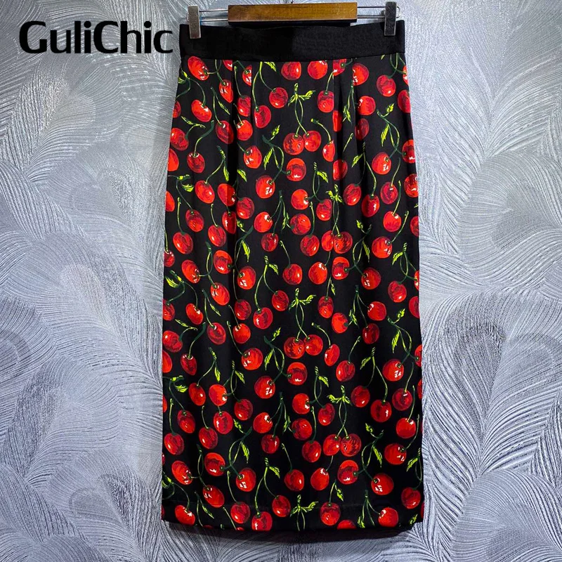 

9.3 GuliChic High Quality Women Real Silk Skirts High Waist Patchwork Cherry Print Elegant Package Hip Skirt