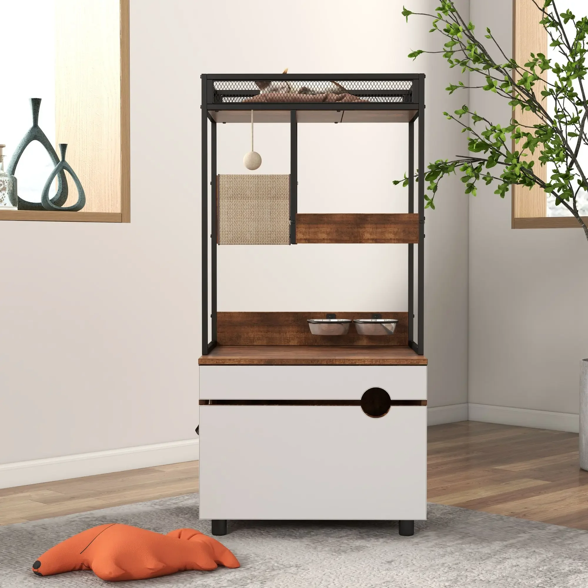 Cat Litter Box Enclosures with Cat Tree Tower, Furniture ,Cat Cabinet