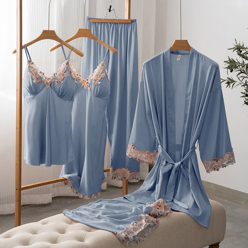 New Five Piece Pajamas Set Summer Female Satin Sleepwear Kimono Bathrobe Nightgown Spring Lady Lace Nightwear Robe Gown Homewear