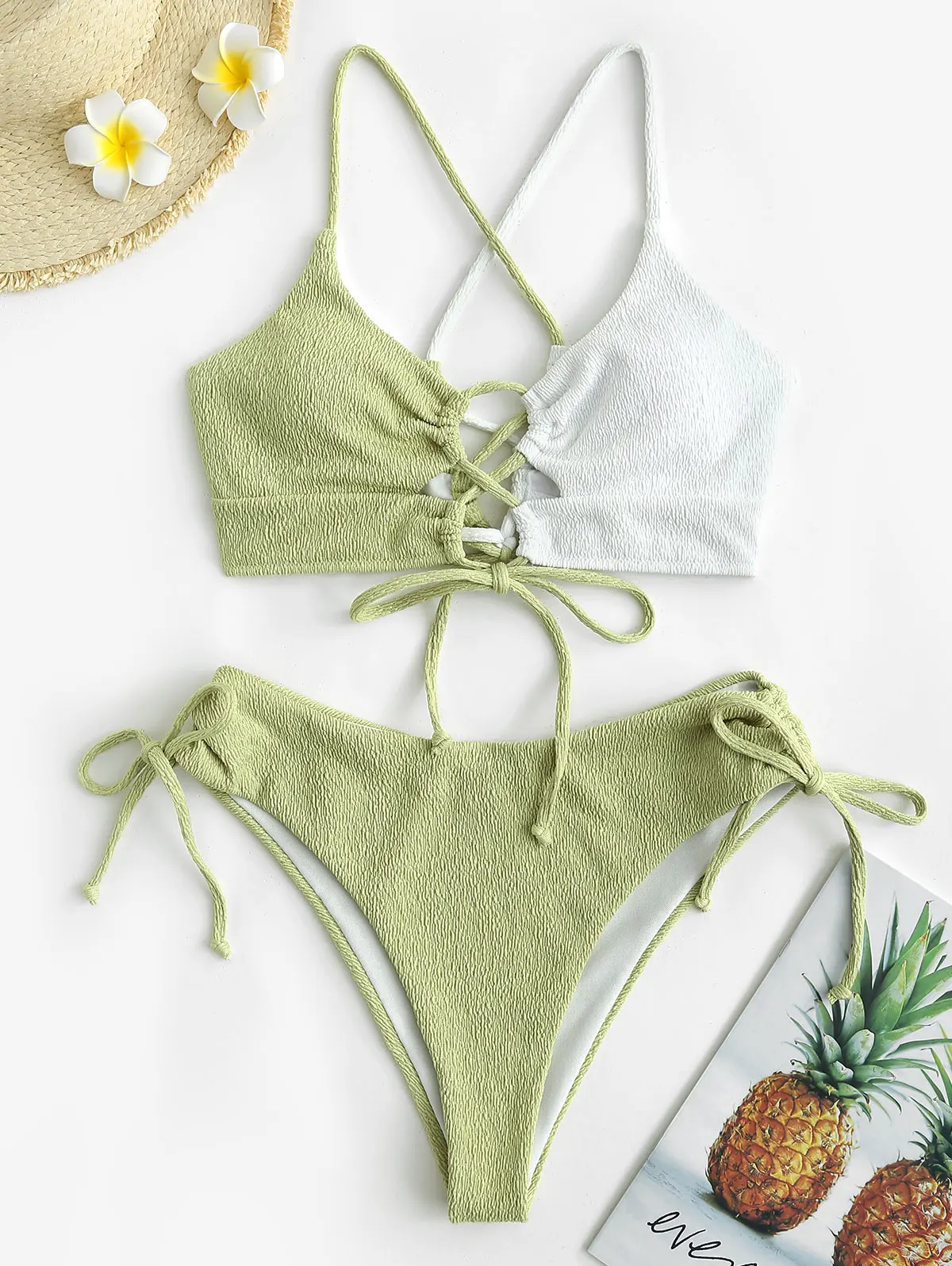 ZAFUL Bikini Set Lace Up Textured High Waisted Cinched Tankini Swimwear Bathingsuit Removable Pads Beach Bather for 