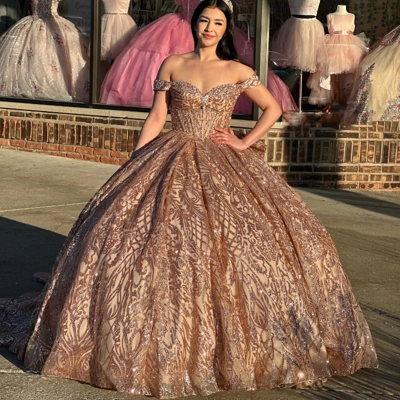 

Luxury Champagne Gold Sweetheart Sequined Quinceanera Dresses Sweet 16 Girls Off Shoulder Ball Gown Birthday Party Prom Dress