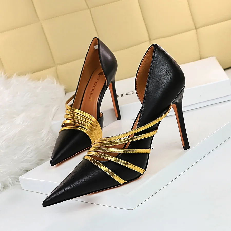 

New Summer Club High Heel Shoes Women Autumn Fashion Sexy 9CM High Heels Lady Contrast Color Band Side Hollow Out Single Pumps