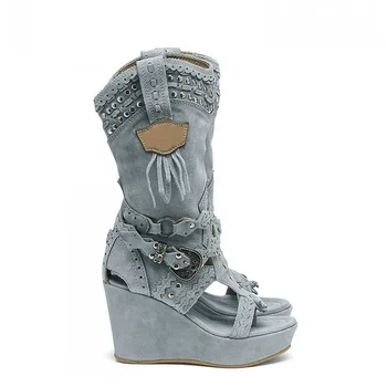 Zipper Shoes Boots Women New 2025 Round Toe Large Size Elegant Wedge Cowboy Ladies High Heel Shallow PU Canvas Casual Fabric Sol 1