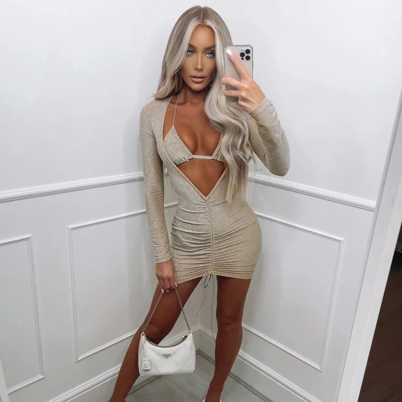 

Женское блестящее платье-комбинация на завязках, с низким вырезом