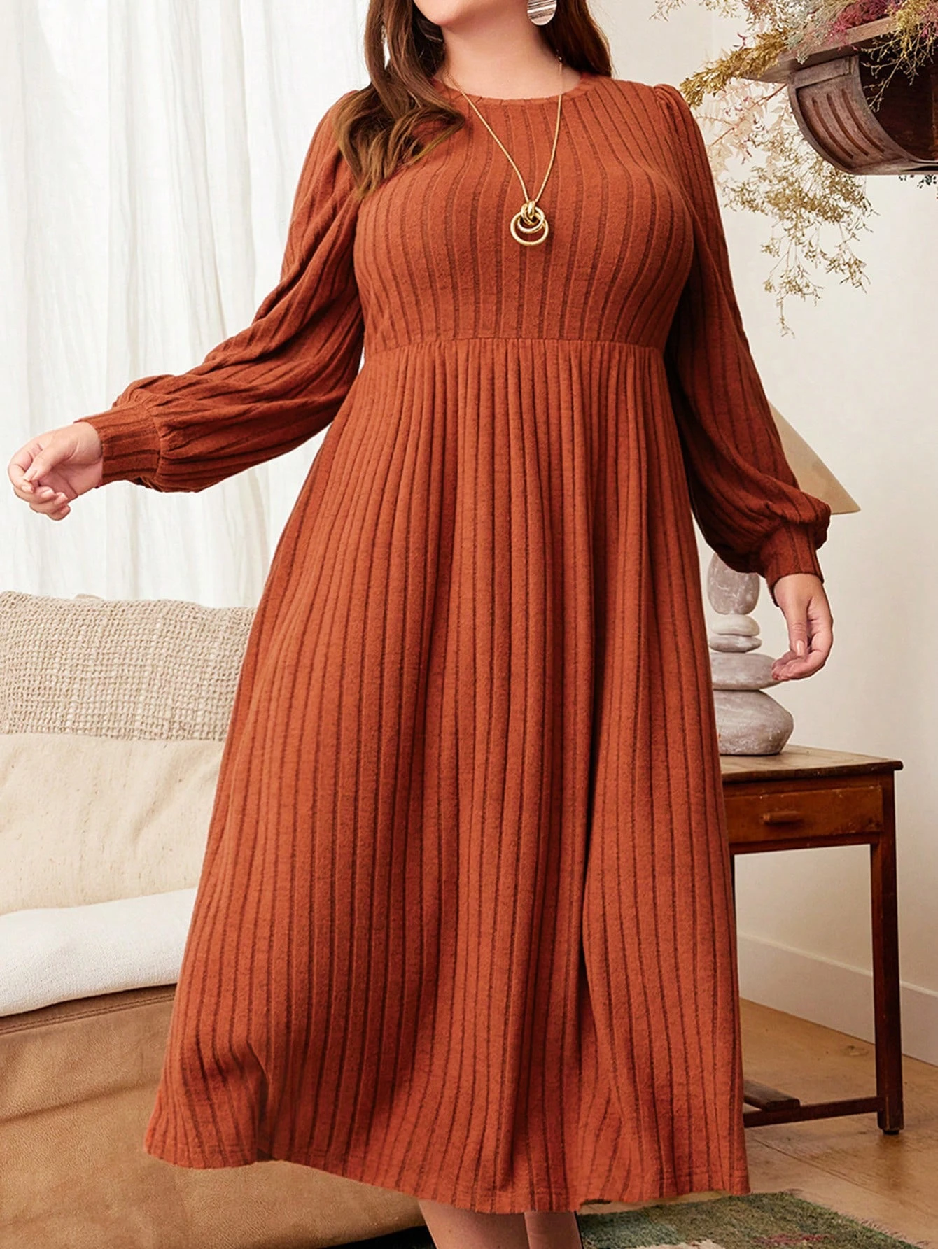 Plus size women's autumn and winter dresses, solid color round neck long  sleeve dress maxi dress, autumn and winter plus size wo - AliExpress  200000345