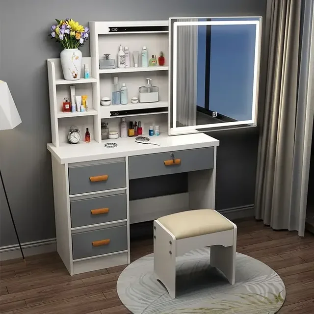 Table de maquillage moderne en spanTable, tabouret de proximité, miroir coulissant simple, armoire de rangement simple, chambre à coucher, petit appartement, longueur, nouveau 1