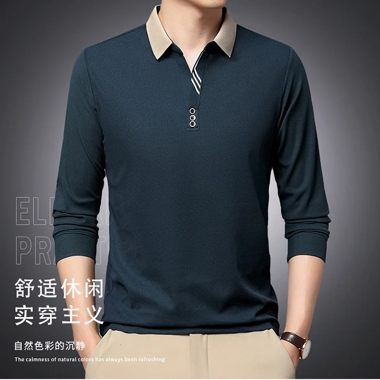 

Men's Long Sleeve Turn-down Collar Waffle Springnd Autumn Men's T-shirt Pure Polo Shirt Solid Color High end Top Casual Wear