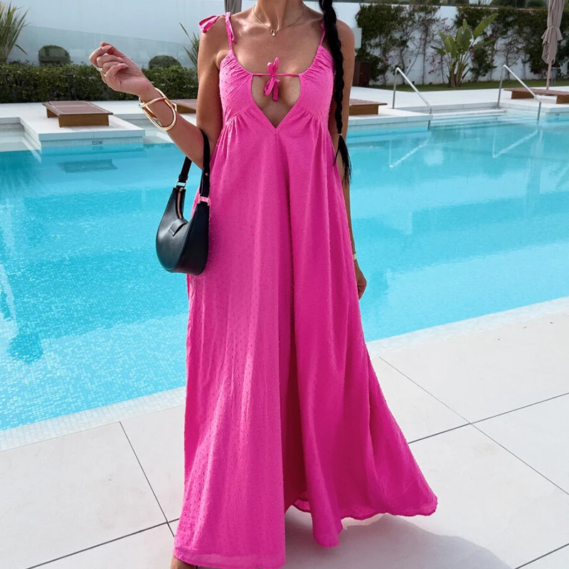 

Женское жаккардовое платье на бретельках, летнее свободное платье макси с глубоким V-образным вырезом и открытой спиной, без рукавов, на молнии