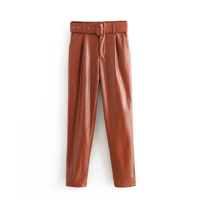 Women High Waisted 2023 Vintage PU Leather Harem Pants Loose Faux Leather Trousers with Pocket Belt Elegant All-match Streetwear
