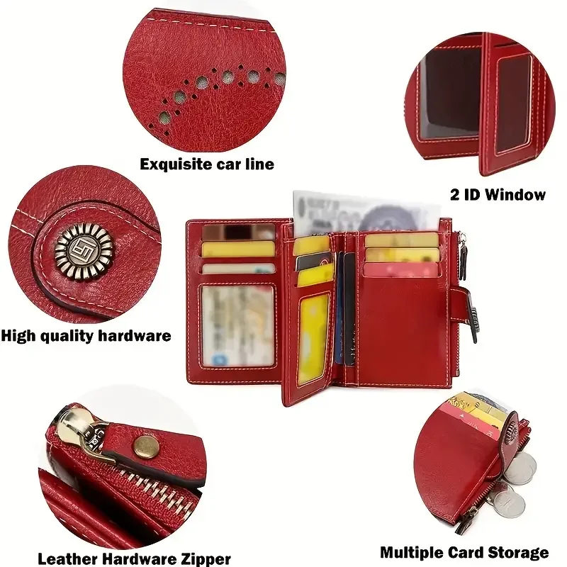 Retro RFID Shielding Women's Short Wallet Three-fold Solid Color, Large Capacity Daily Fashion Versatile Clutch Bag