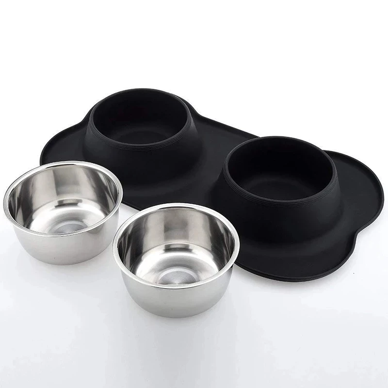Antislip Double Dog Bowl With Silicone Mat Durable Stainless Steel Water Food Feeder Pet Feeding Drinking Bowls for Dogs Cats images - 6