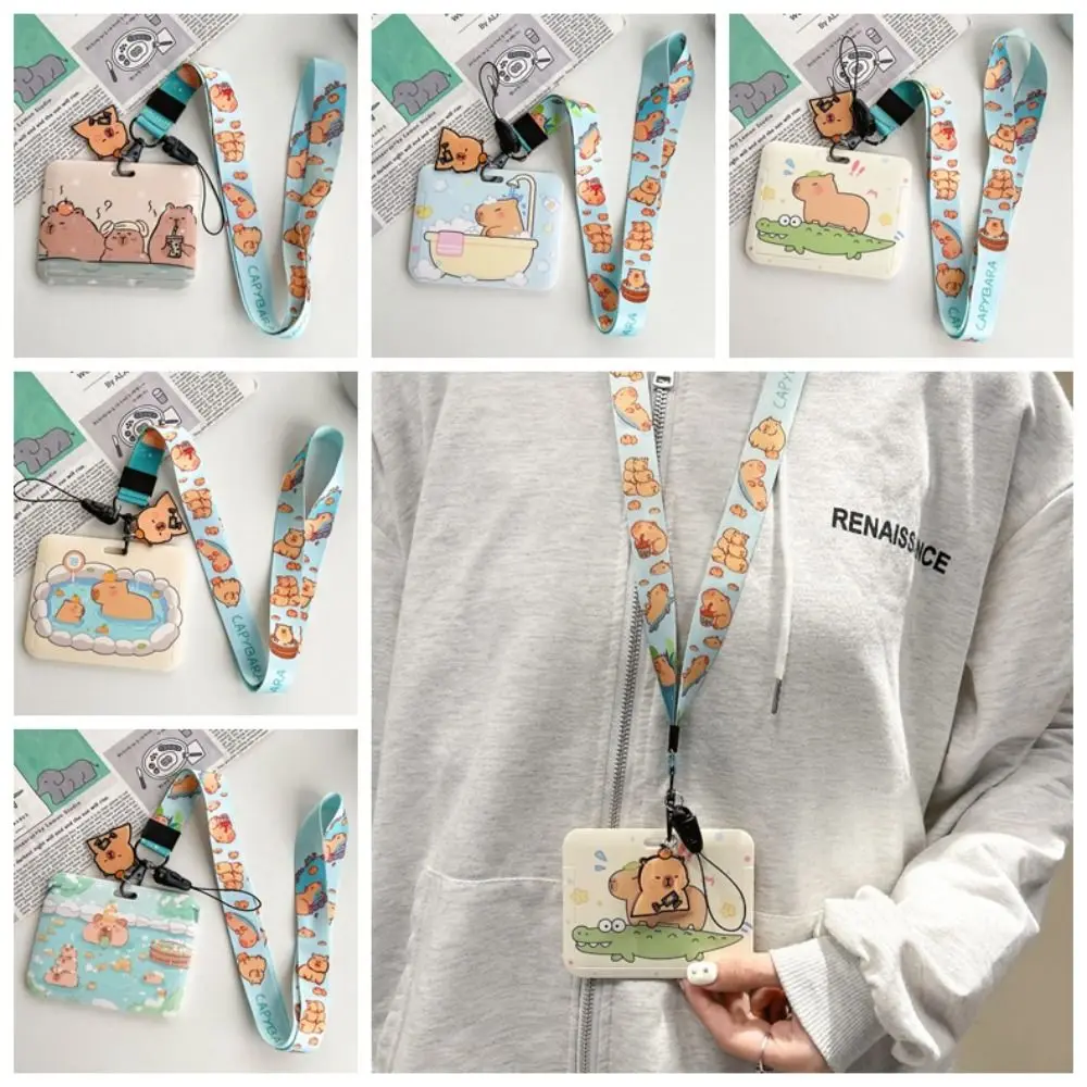 Cartoon Capybara Card Holder Kawaii Plastic Animal Students Bus Card Cover with Lanyard Ins Photocard Holder Female/Male