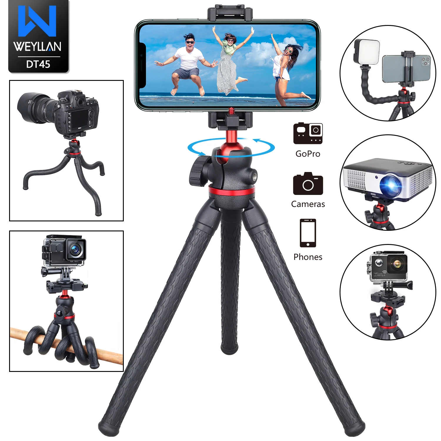 WEYLLAN DT5 Flexible Octopus Tripod For Phone DSLR Camera Remote Control Portable Versatile Tripod For iPhone 16 Pro Max Samsung,phone tripod,camera tripod,foldable tripod,smartphone tripod,cell phone tripod