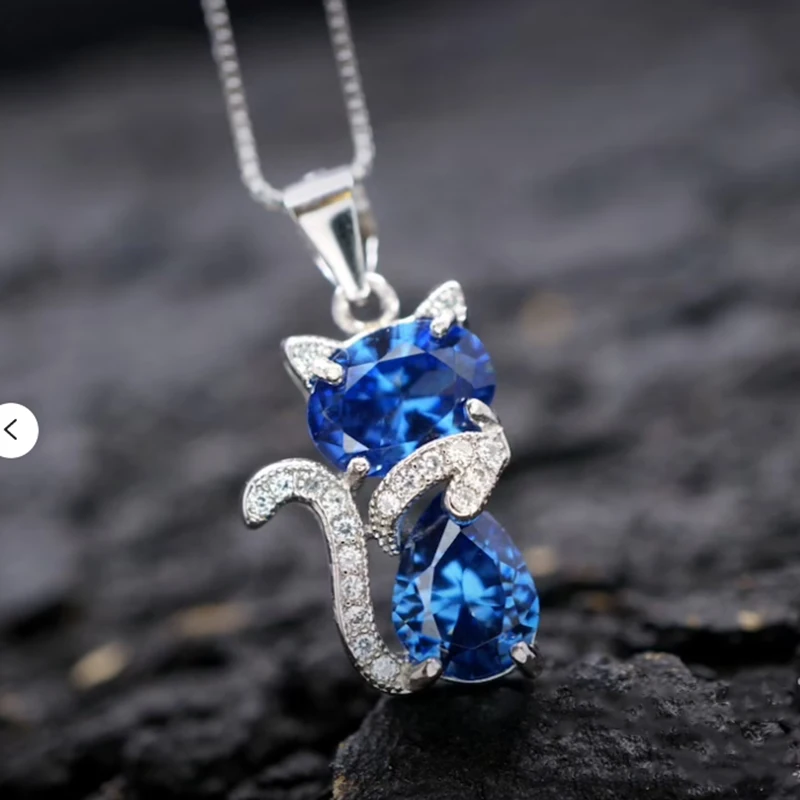 

Dainty Cute Blue Zircon Animal Cat Pendant Necklace Silver Color Shiny Crystal Stone Clavicle Chain Girls Brithday Jewelry