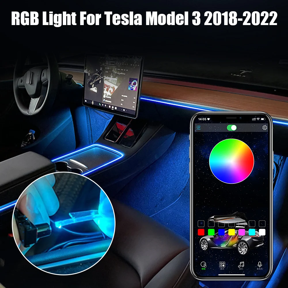 

64 Colors Atmosphere Lamp For Tesla Model 3 2018-2022 Car Foot Dashboard Console Ambient Light USB Cigarette Lighter Adapter