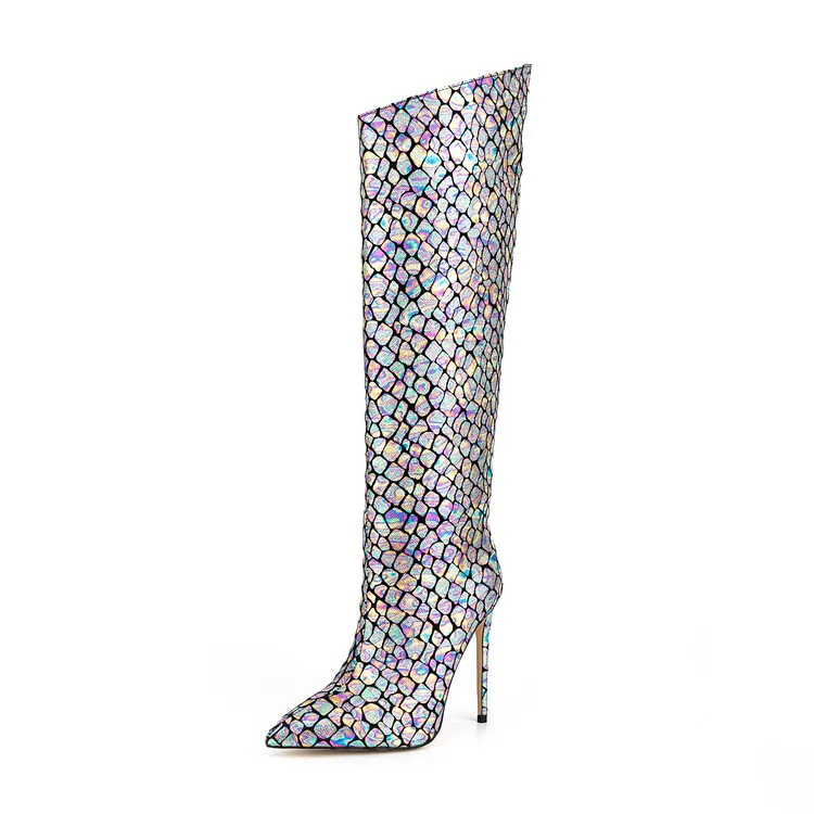 

Knee-high Leather Boots Women Sexy High Heel Colorful Stone Pattern Long Boots Side Zipper Fashion Boots Europe and American