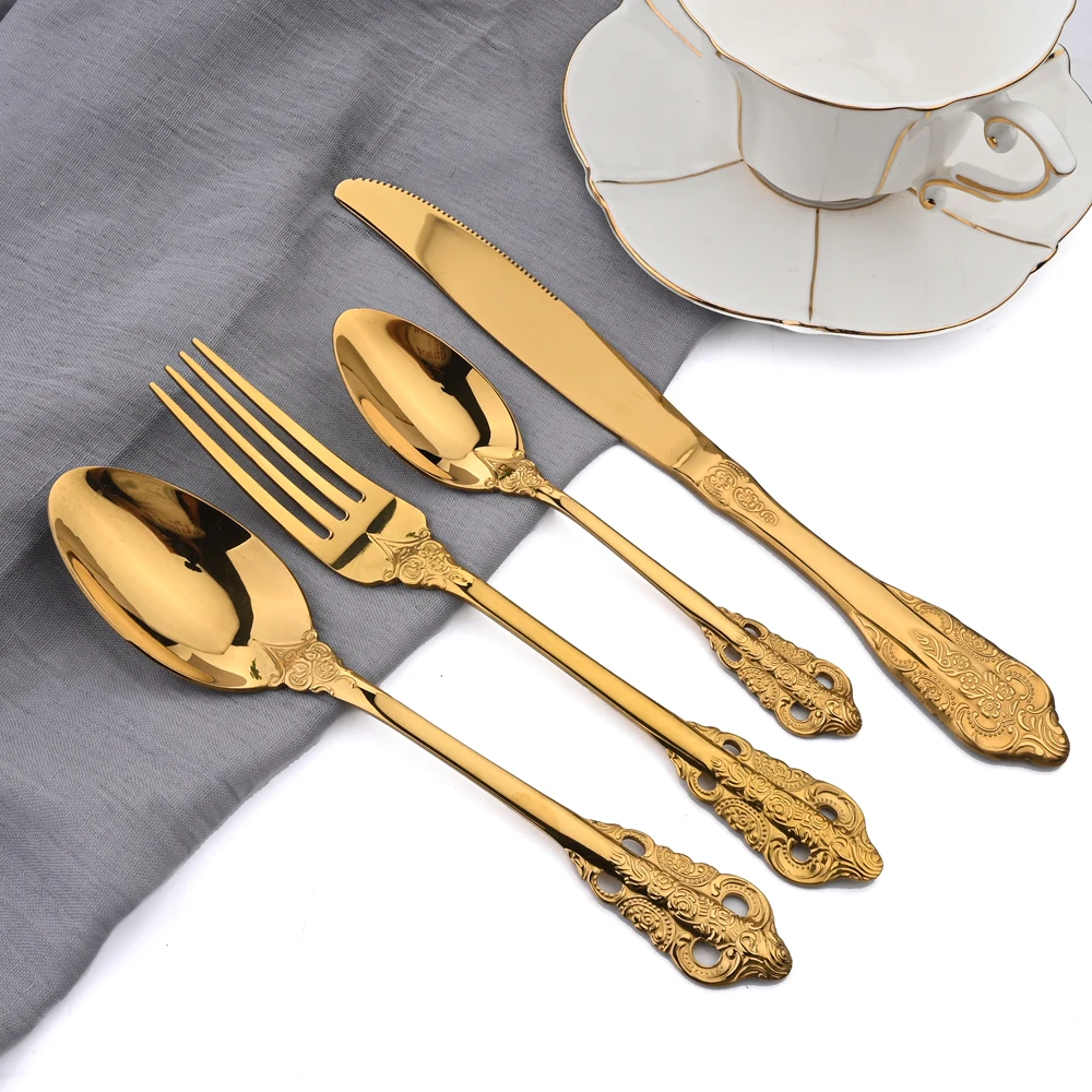 

Zoseil 24Pcs Gold Cutlery Set Knife Dessert Fork Spoons Cutlery Set Stainless Steel Dinnerware Western Style Kitchen Flatware