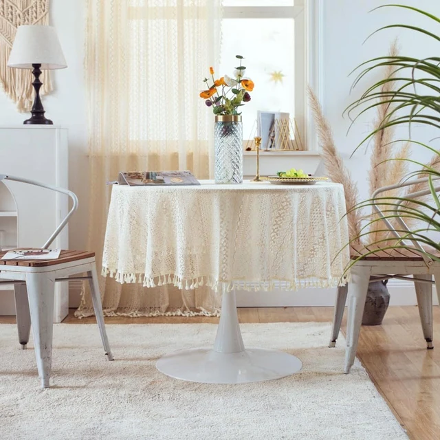 1PC Japanese Boho Style Tablecloth，Beige and Black Table Cover with Tassel，Geometric Pattern Design， for the Rectangle Desk 5