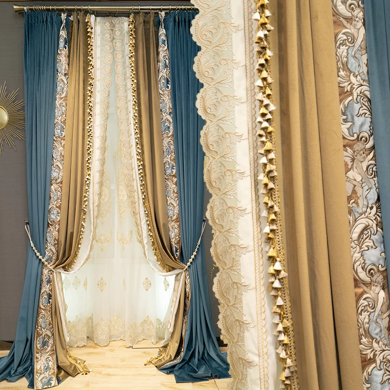 

Custom curtain High-end French retro blue villa living room flannelette thick velvet cloth blackout curtain tulle drape C1105