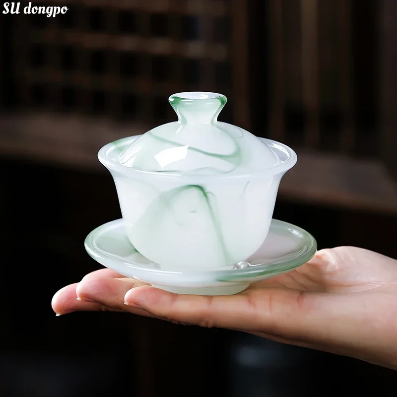 Emerald Green Jade Porcelain Gaiwan-Chufang Small Tea Tureen 100ml Sancai Cover Bowl Colored Glass Tea Cup for One Person