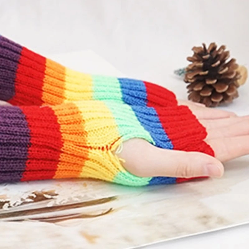 

Unisex Adult Half Finger Gloves Knitted Wrist Arm Sleeves Winter Rainbow Color Soft Knitted Cycling Office Typing Gloves