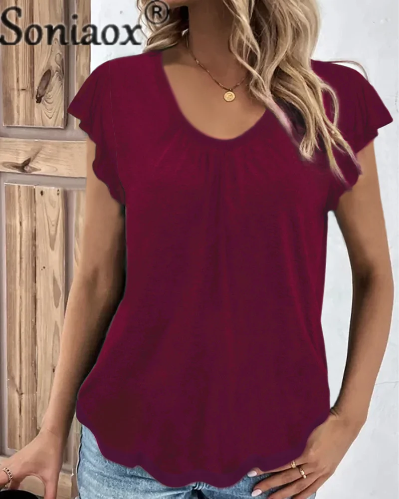 Elegant Lotus Leaf Short Sleeve Tees Female Pleated O Neck T-Shirt Summer Comfortable Commuter Casual Solid Color Women Tops 6XL