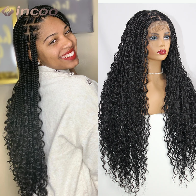 

Braided Full Lace Frontal Wigs Boho Curly Faux Locs Wigs Goddess Box Braids Synthetic Wig Pre-Plucked Baby Hair For Black Women
