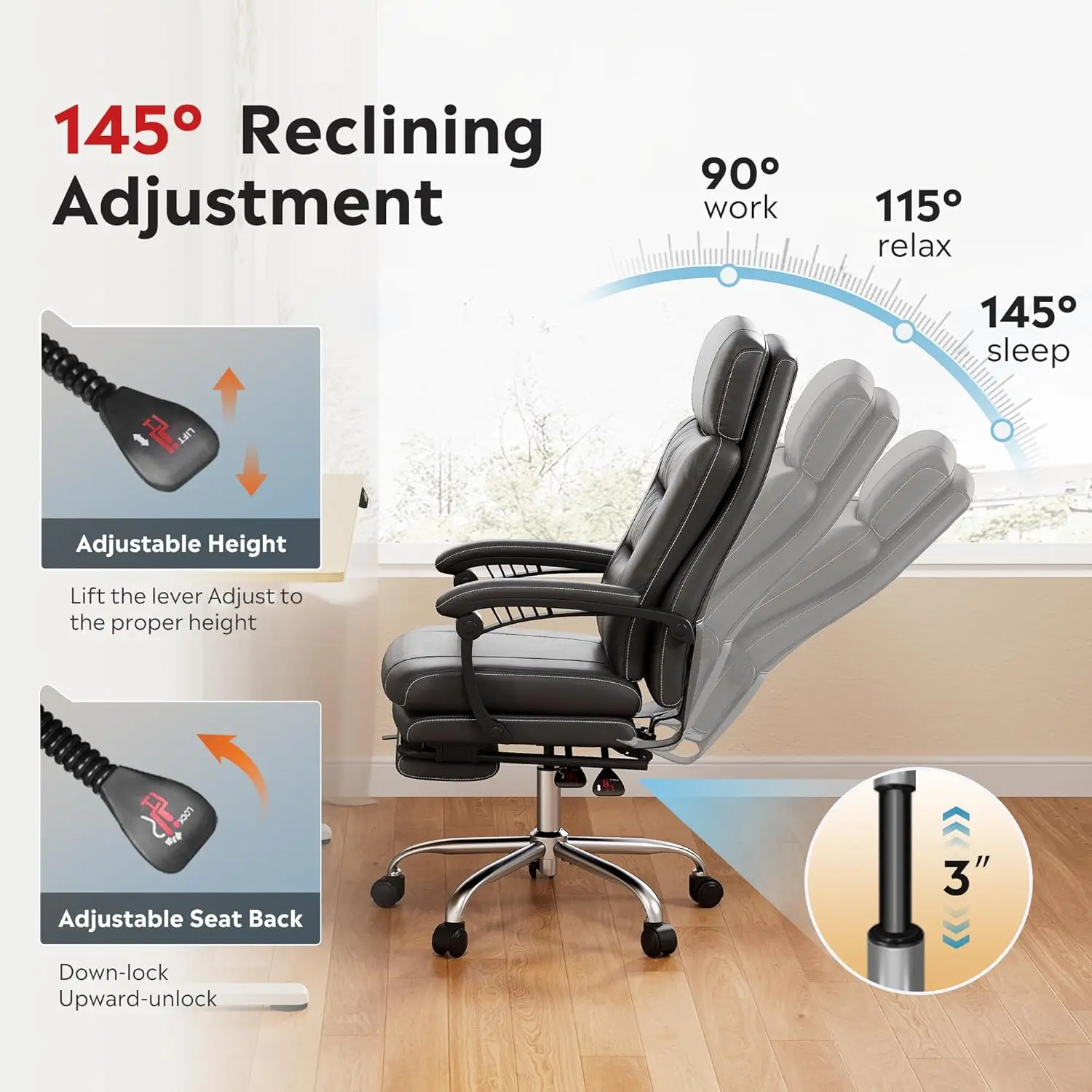 Executive Leather Home Office Chair with Footrest, High Back and Heavy Duty, Comfortable Big and Tall Ergonomic Desk Chair with