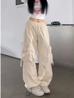 SweatPants Women Vintage Cargo Pants Fashion Elastic Waist Retro Oversized Solid Wide Leg Pant Casual Streetwear Baggy Trousers - Image 4