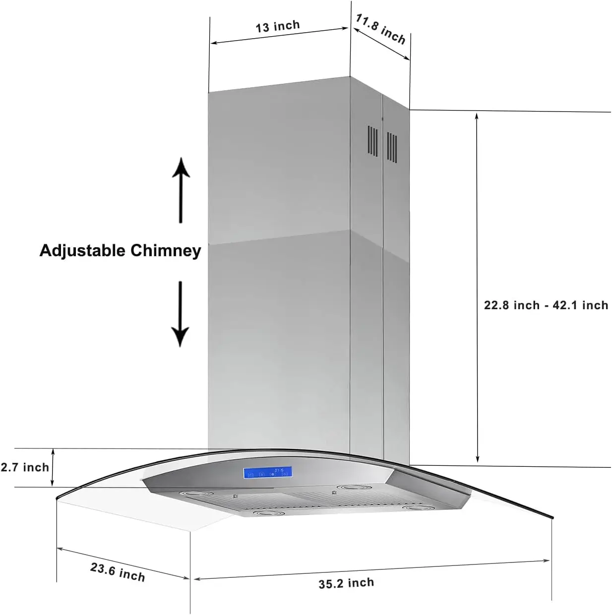 Range Hood 36 inch 700 CFM Ceiling Mount Kitchen Stove Hood Ducted with Tempered Glass 4 LED Lights Touch Control 3 Speed 6