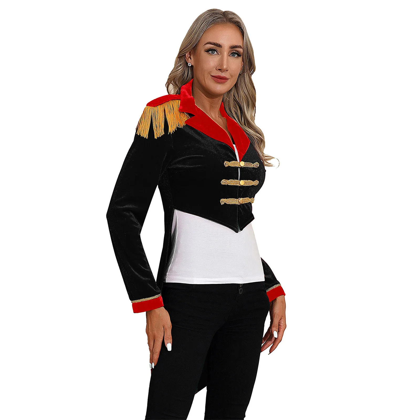 

Long Sleeve Tailcoat Womens Circus Ringmaster Cosplay Outfit Lapel Long Sleeve Velvet Tailcoat Coat Halloween Carnival Costumes