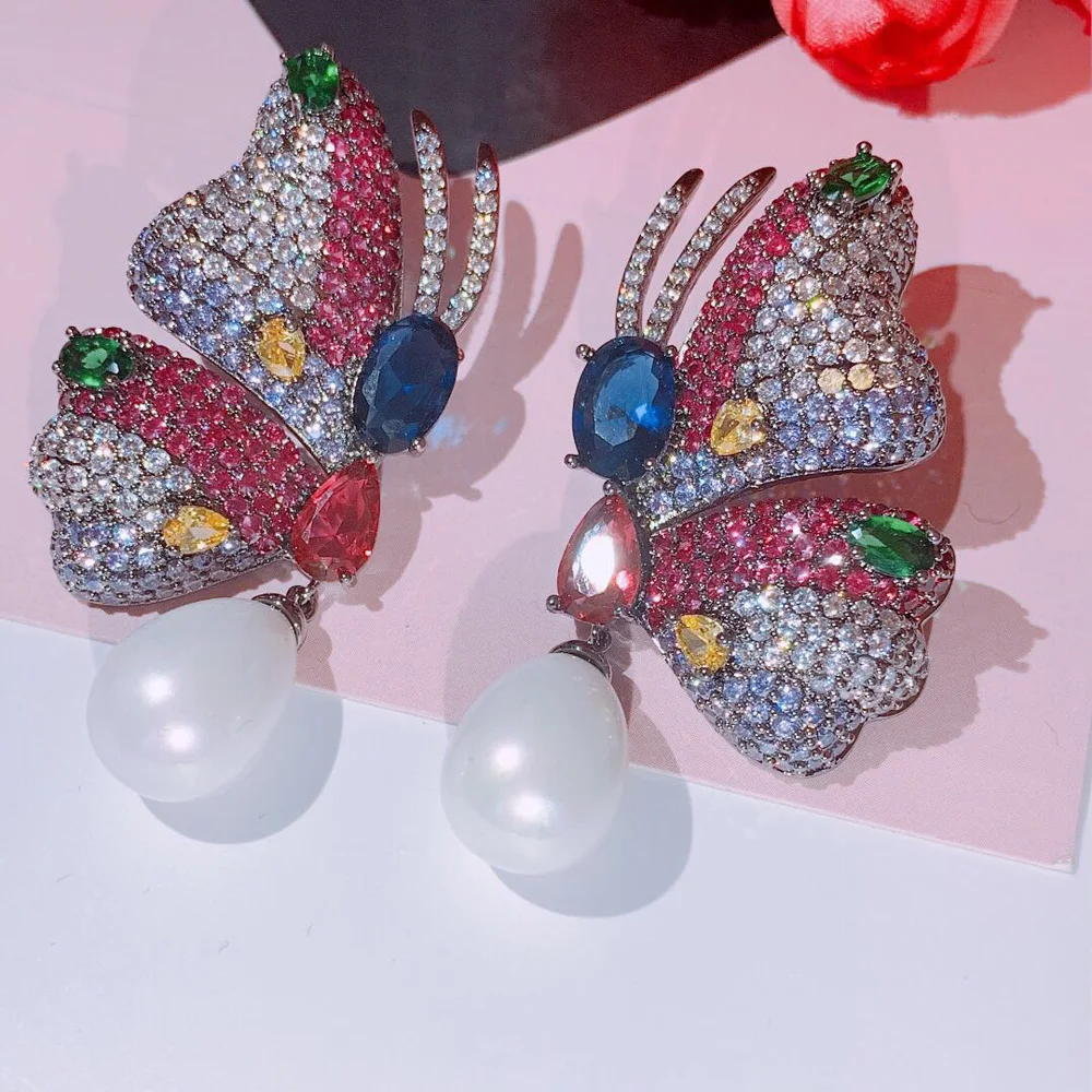 

Fashion Trendy Butterfly Shape AAA Cubic Zirconia Big Stud Earrings Long Pendant Wedding Party Asymmetric Fashion Jewelry E-551