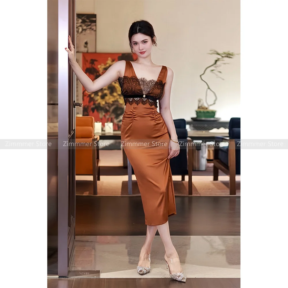 

Niche design sexy lace splicing pleated Slim package hip dress 2024 summer new female