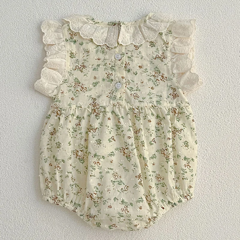 여름 Jumpsuit  소녀 Bodysuits 0-24M  소녀 Romper 레이스   Jumpsuit 귀여운 꽃 프린트 Ruffle Sunsuit 의상