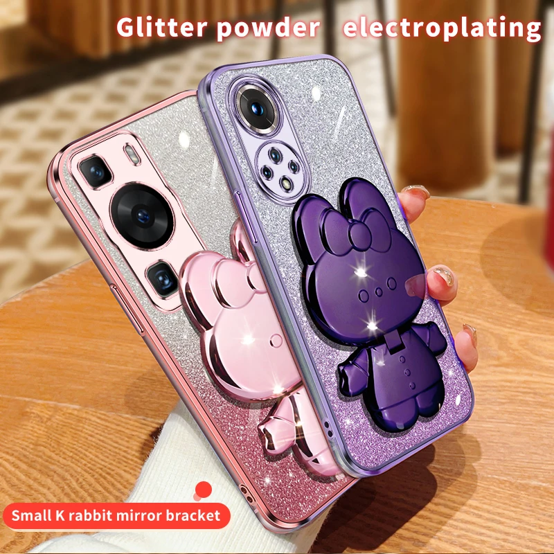 Honor50 Glitter Rabbit Makeup Mirror Holder Case On For Huawei Honor 60 50 90 30 20 Lite 30s Soft Cover Nova 10 11 Pro_voghion.com