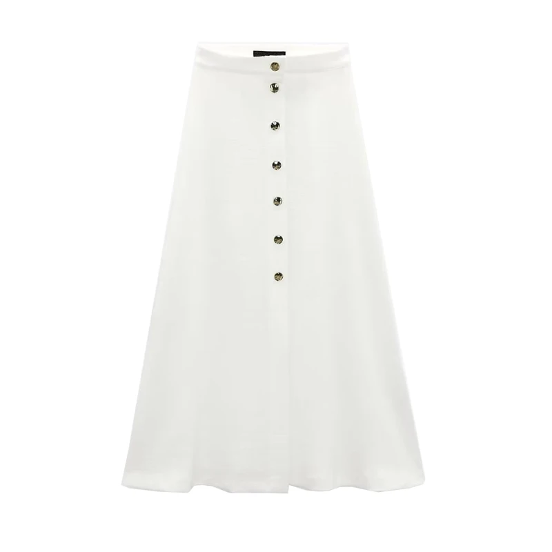 

Women's Summer New Single-breasted High-waisted Skirt A-line Hem Golden Buttons Decoration High-waisted Mid-length Skirt