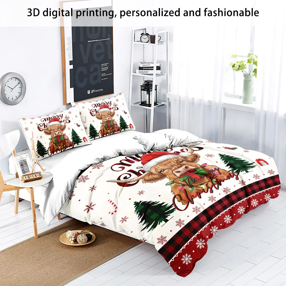 3pc Christmas Highland Cow Print Coreless Holiday Bedding Set Soft Comfortable Bedroom Dormitory Multiple Sizes Machine Washable