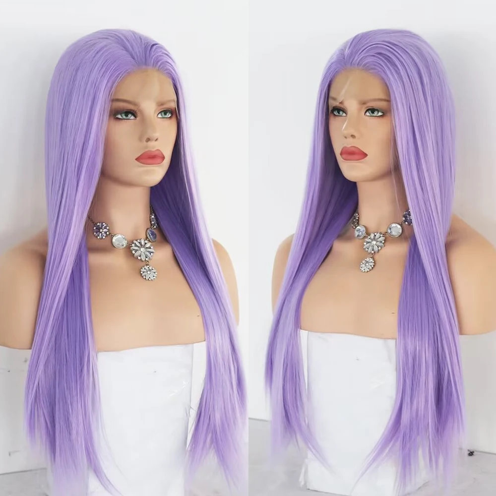 Lace Front Wig Purple Straight Synthetic Hair Natural Hairline Glueless For Women Cosplay Part Lace
