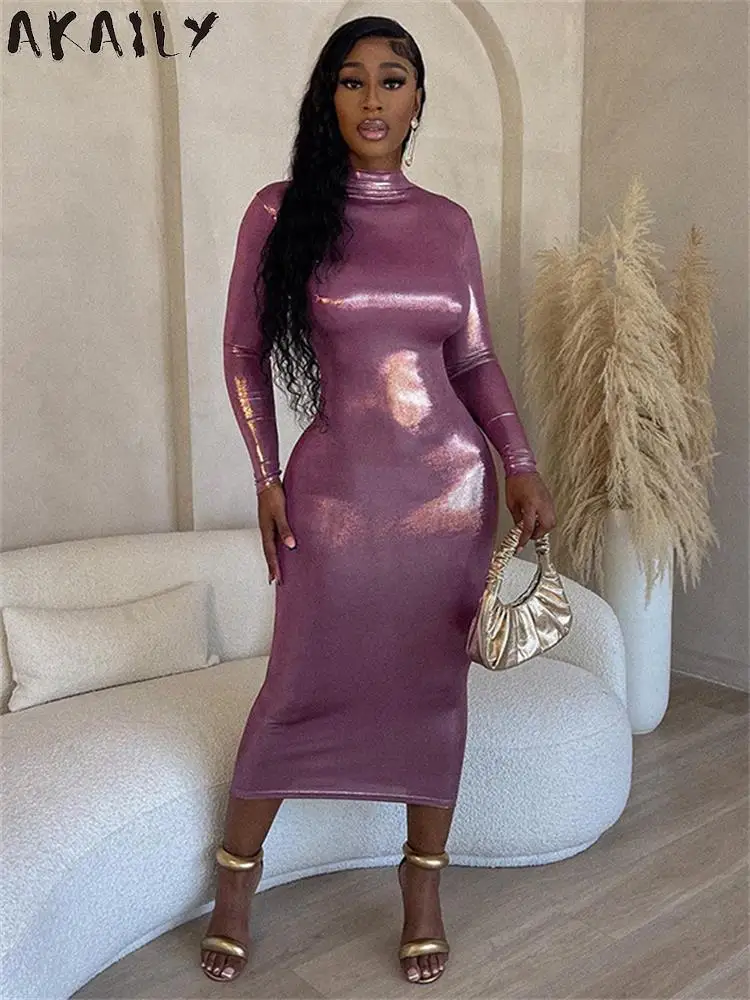 

Akaily Autumn Sexy Pink Bodycon PU Leather Long Dress Club Outfits For Women 2023 Fashion Backless Maxi Dress Long Sleeve Dress