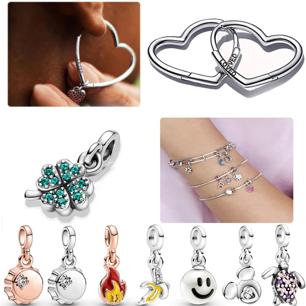 925 Sterling Silver Loved Heart Ear Hoops Earrings for Women S925 Silver Earring with Charms for Original Millie Charm
