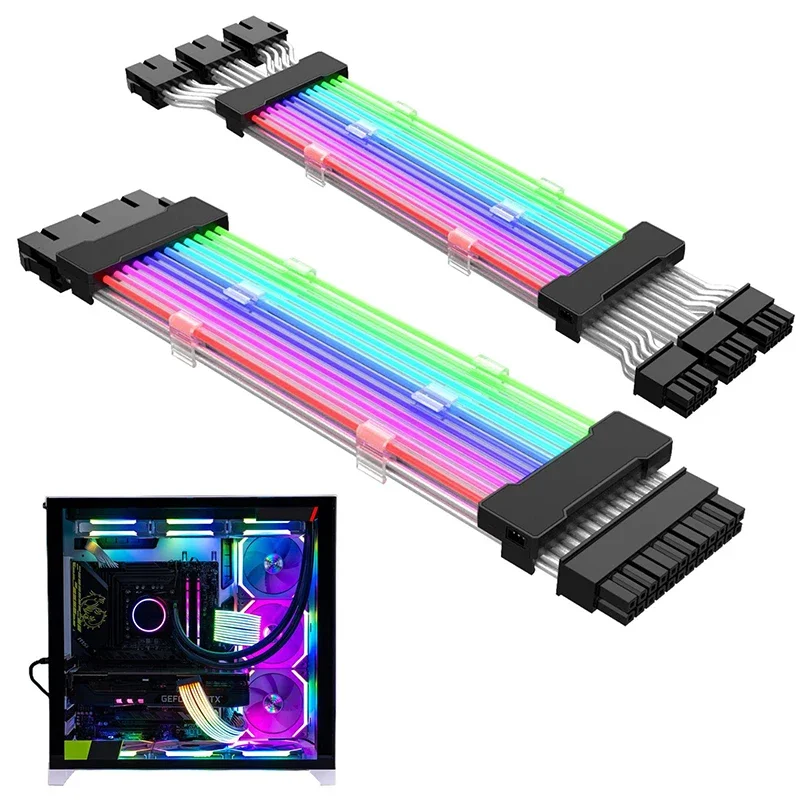 ARGB PSU Power Supply Extension Cable RGB Flow ATX 24Pin PCIE GPU 8-Pin 6+2Pin Cord Motherboard RGB Extension Cable for Computer