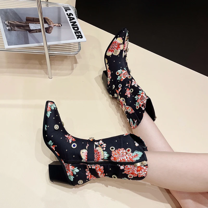Pointed Rhinestone Rivet Women's Boots Thick Heels Flower Mixed Colors Side Zipper High Heels Short Tube Boots Winter Size 35-42