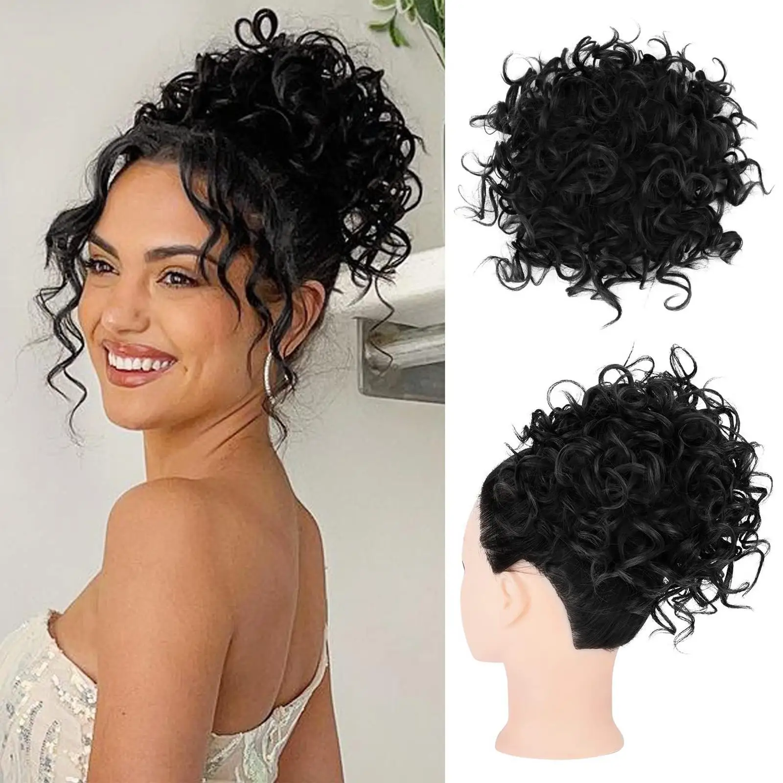  Curly Hair Bun Ponytail Hair Extension Short Bun Hairpieces Hair Bun Extension for Cosplay Prom Live Show Anniversary Dating 