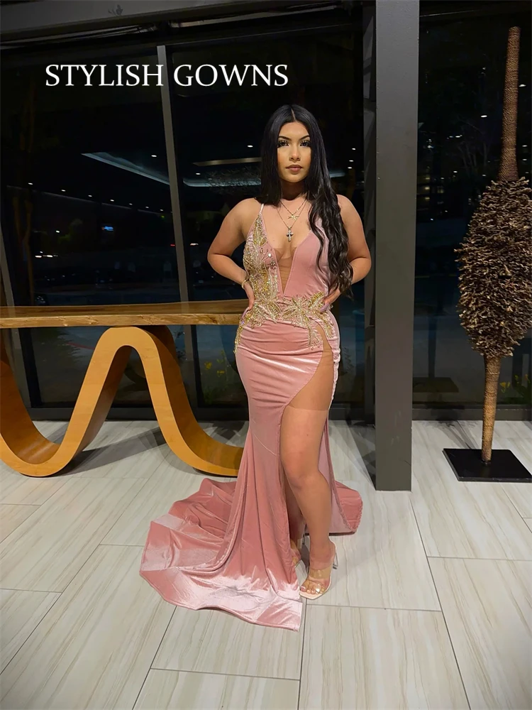 

Pink Halter Evening Dresses For Black Girls Appliques Birthday Party Gowns High Slit Long Prom Dresses Mermaid Robe De Bal