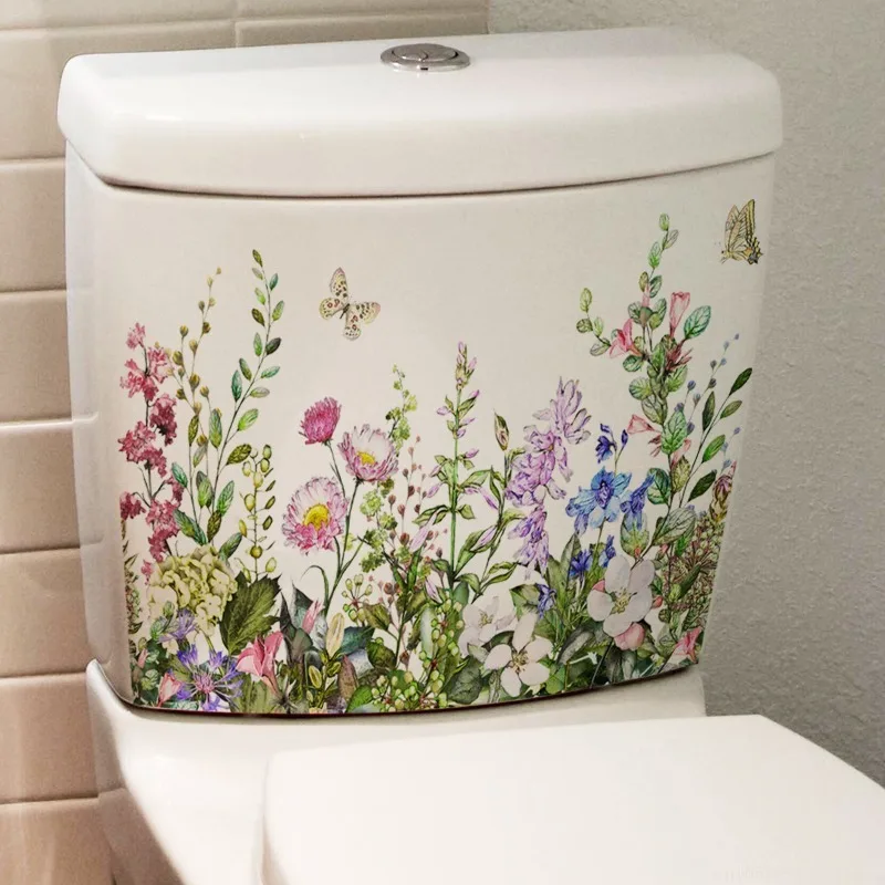 Green Plant Leaves Flowers Toilet Stickers Self-Adhesive Toilet Lid Stickers Bathroom Wall Sticker Cover Decor Decal