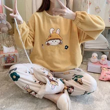 

Cute and Sweet Casual Long-sleeved Flannel Wild Loose Simple Autumn and Winter New Pajamas Plus Velvet Pajamas