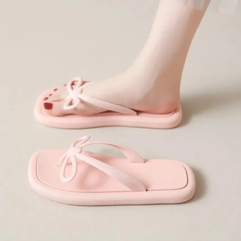 Cute Bowknot Flip Flops Ladies Fashion Outwear Bathroom Slippers Outdoor Beach Slippers Indoor Casual Comfortable Slippers