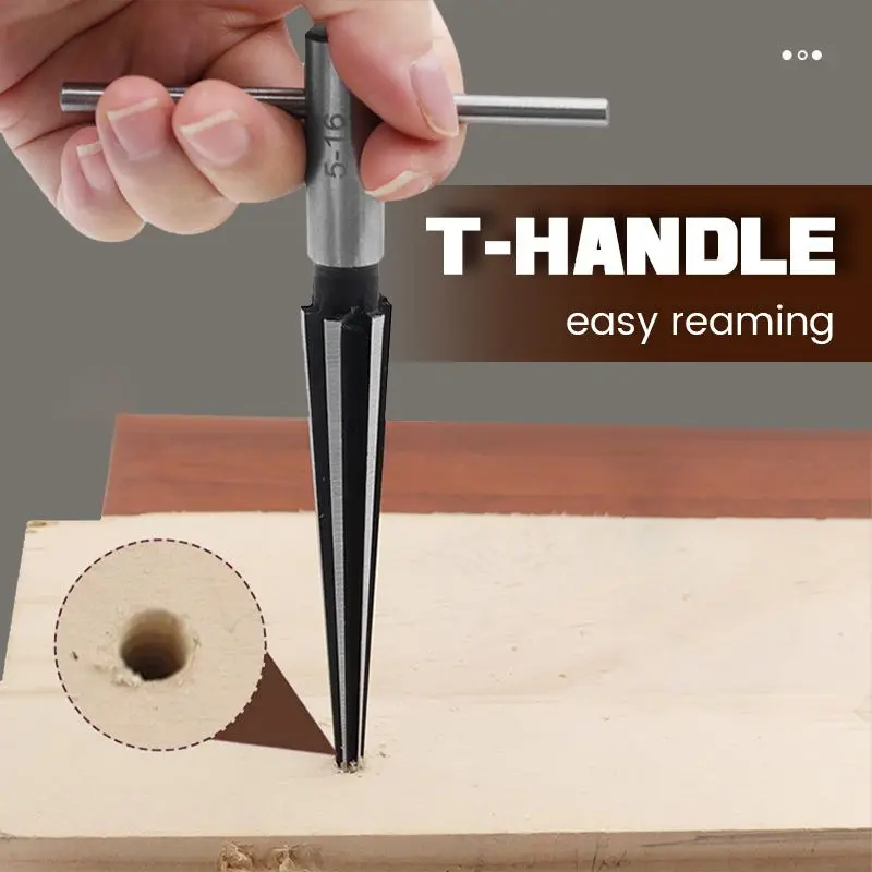T Handle Tapered Reamer 3/16"-5/8" (5-16mm) or 1/8"-1/2" (3-13mm) 6 Fluted Chamfer Reaming Tool Woodworking Hand Taper Reamer