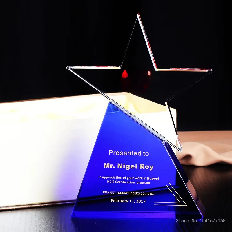 Customized Transparent Crystal Trophy with Gift Box, Creative High-End, Five-Star Blue, Excellent Student Prize, Home Decor, 1Pc